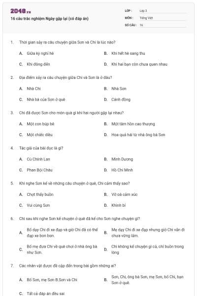 16 câu trắc nghiệm Ngày gặp lại (có đáp án)