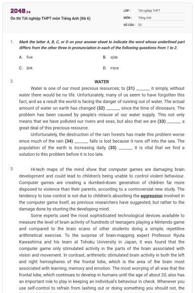Ôn thi Tốt nghiệp THPT môn Tiếng Anh (Đề 6)