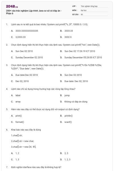 200+ câu trắc nghiệm Lập trình Java cơ sở có đáp án - Phần 6