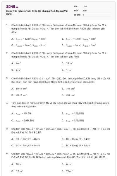 8 câu Trắc nghiệm Toán 8: Ôn tập chương 2 có đáp án (Vận dụng)