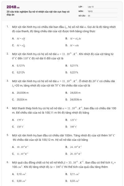 20 câu trắc nghiệm Sự nở vì nhiệt của vật rắn cực hay có đáp án