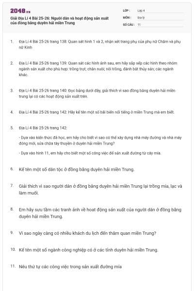 Giải Địa Lí 4 Bài 25-26: Người dân và hoạt động sản xuất của đồng bằng duyên hải miền Trung