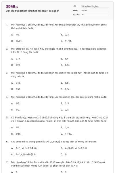 30+ câu trắc nghiệm tổng hợp Xác suất 1 có đáp án