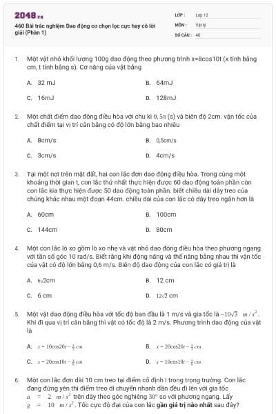 460 Bài trắc nghiệm Dao động cơ chọn lọc cực hay có lời giải (Phần 1)