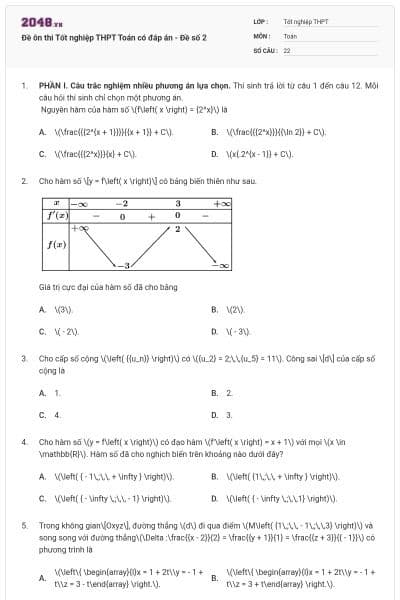 Đề ôn thi Tốt nghiệp THPT Toán có đáp án - Đề số 2
