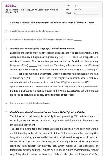 Bộ 5 đề thi cuối kì 1 Tiếng Anh 9  i-Learn Smart World có đáp án - Đề 5