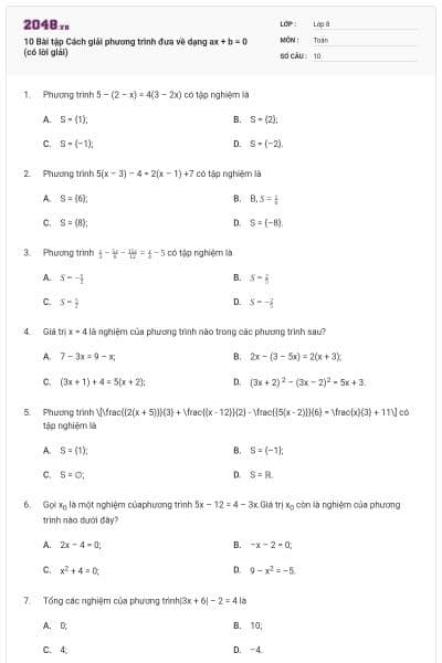 10 Bài tập Cách giải phương trình đưa về dạng ax + b = 0 (có lời giải)