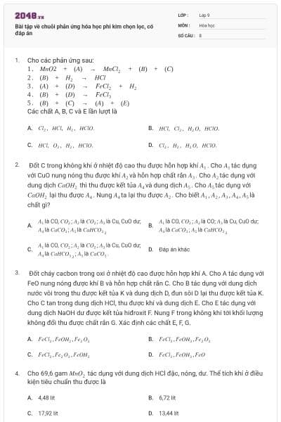 Bài tập về chuỗi phản ứng hóa học phi kim chọn lọc, có đáp án