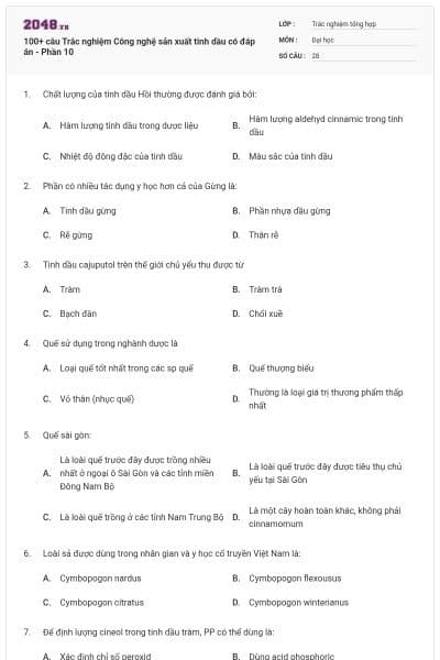 100+ câu Trắc nghiệm Công nghệ sản xuất tinh dầu có đáp án - Phần 10