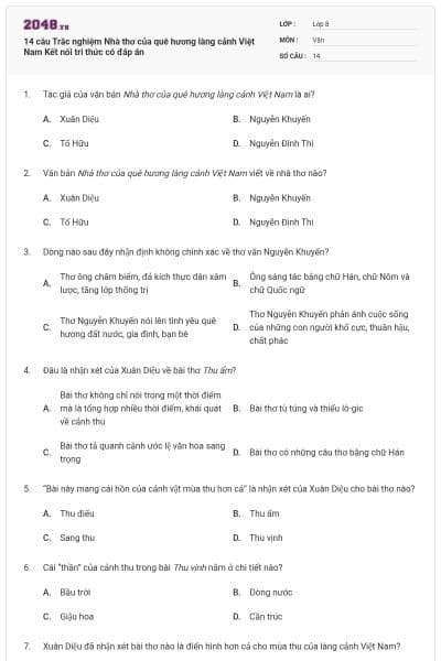 14 câu Trắc nghiệm Nhà thơ của quê hương làng cảnh Việt Nam Kết nối tri thức có đáp án