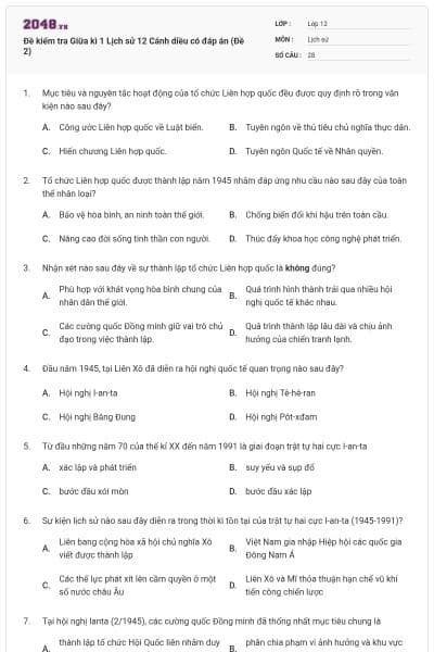 Đề kiểm tra Giữa kì 1 Lịch sử 12 Cánh diều có đáp án (Đề 2)