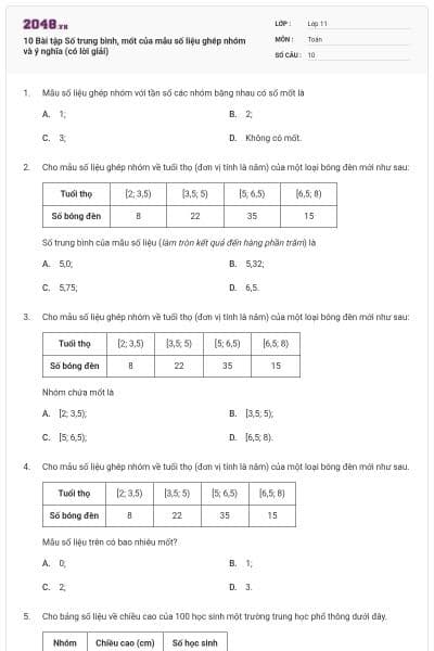 10 Bài tập Số trung bình, mốt của mẫu số liệu ghép nhóm và ý nghĩa (có lời giải)