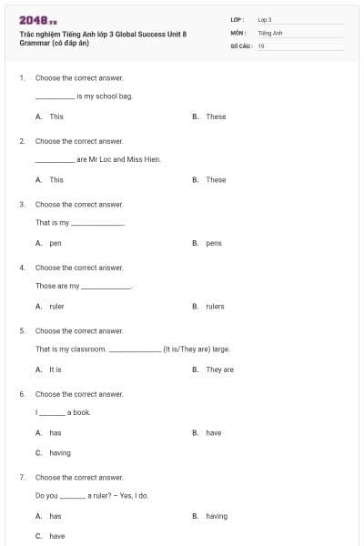 Trắc nghiệm Tiếng Anh lớp 3 Global Success Unit 8 Grammar (có đáp án)