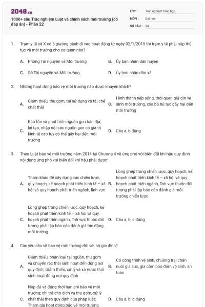 1000+ câu Trắc nghiệm Luật và chính sách môi trường (có đáp án) - Phần 22