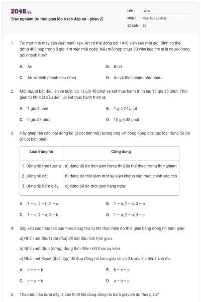 Trắc nghiệm Đo thời gian lớp 6 (có đáp án - phần 2)