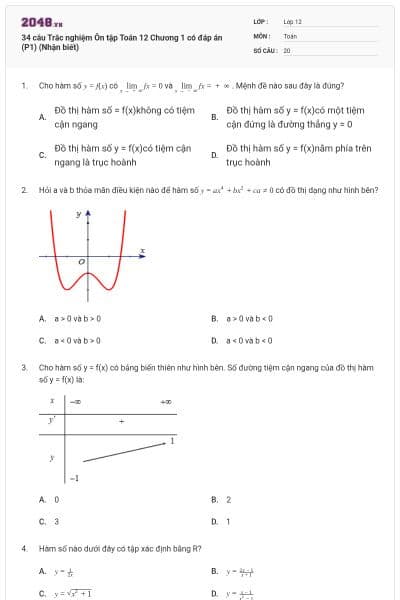 34 câu Trắc nghiệm Ôn tập Toán 12 Chương 1 có đáp án  (P1) (Nhận biết)