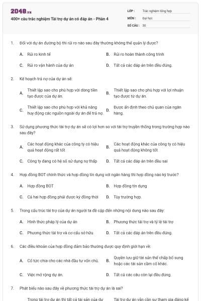400+ câu trắc nghiệm Tài trợ dự án có đáp án - Phần 4