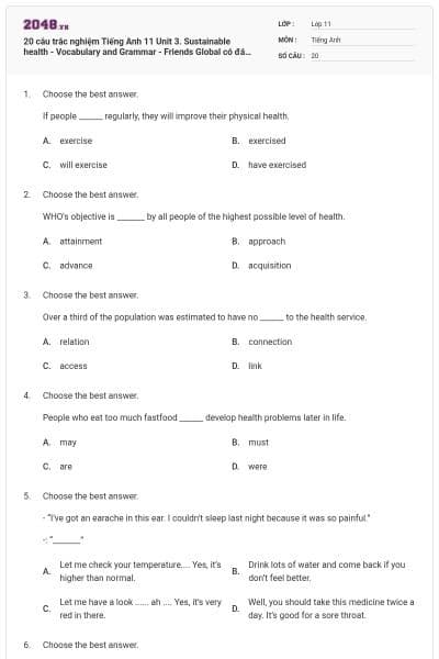 20 câu trắc nghiệm Tiếng Anh 11 Unit 3. Sustainable health - Vocabulary and Grammar - Friends Global có đáp án