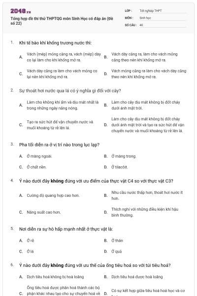 Tổng hợp đề thi thử THPTQG môn Sinh Học có đáp án (Đề số 22)