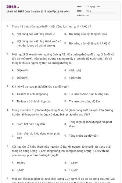 Đề thi thử THPT Quốc Gia năm 2019 môn Vật Lý (Đề số 4)