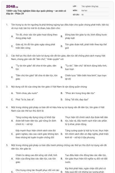 1000+ câu Trắc nghiệm Giáo dục quốc phòng – an ninh có đáp án - Phần 29