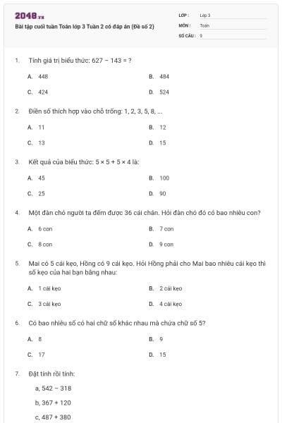 Bài tập cuối tuần Toán lớp 3 Tuần 2 có đáp án (Đề số 2)