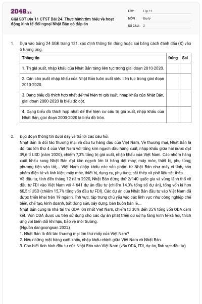 Giải SBT Địa 11 CTST Bài 24. Thực hành:tìm hiểu về hoạt động kinh tế đối ngoại Nhật Bản có đáp án