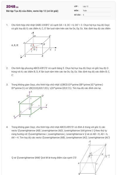 Bài tập Tọa độ của điểm, vectơ lớp 12 (có lời giải)