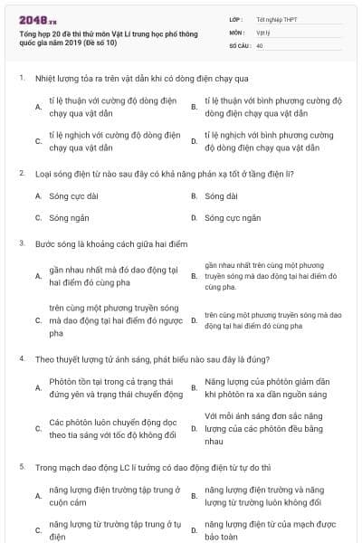 Tổng hợp 20 đề thi thử môn Vật Lí trung học phổ thông quốc gia năm 2019 (Đề số 10)
