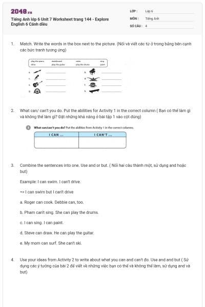 Tiếng Anh lớp 6 Unit 7 Worksheet trang 144 - Explore English 6 Cánh diều