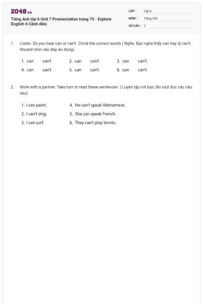 Tiếng Anh lớp 6 Unit 7 Pronunciation trang 75 - Explore English 6 Cánh diều