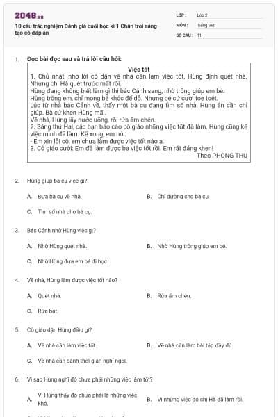10 câu trắc nghiệm Đánh giá cuối học kì 1 Chân trời sáng tạo có đáp án