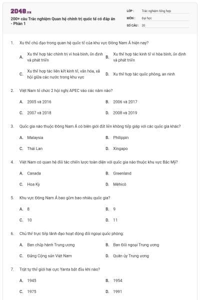 200+ câu Trắc nghiệm Quan hệ chính trị quốc tế có đáp án - Phần 1