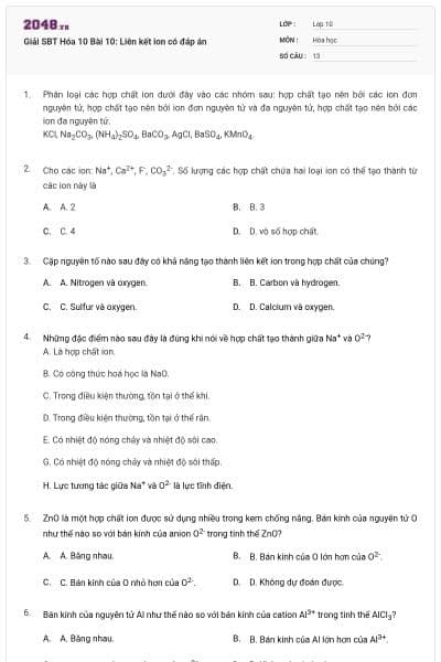 Giải SBT Hóa 10 Bài 10: Liên kết ion có đáp án
