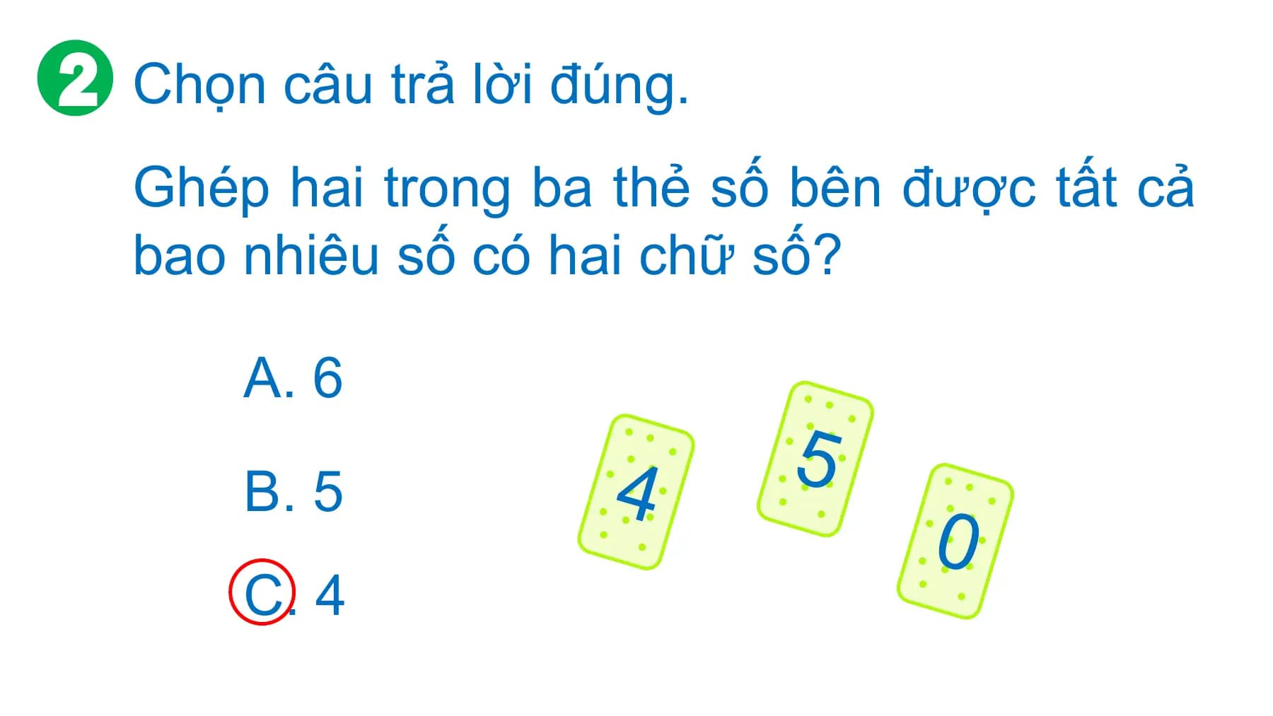 Chọn câu trả lời đúng.
Ghép hai trong ba thẻ số bên được tất cả
bao nhiêu số có hai chữ số?

 A. 6

 B. 5 4 5
 0
 C. 4