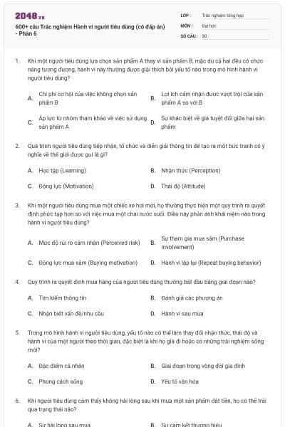 600+ câu Trắc nghiệm Hành vi người tiêu dùng (có đáp án) - Phần 6