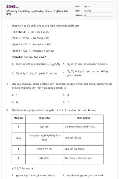 635 câu lý thuyết tổng hợp Hóa học hữu cơ có giải chi tiết (P5)