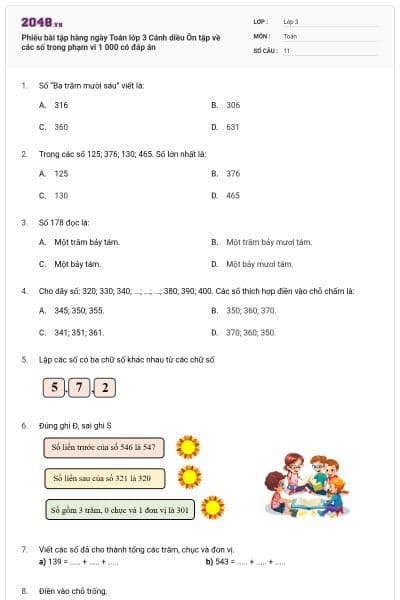 Phiếu bài tập hàng ngày Toán lớp 3 Cánh diều Ôn tập về các số trong phạm vi 1 000 có đáp án