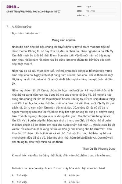 Đề thi Tiếng Việt 5 Giữa học kì 2 có đáp án (Đề 2)