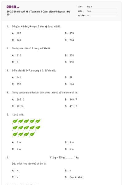 Bộ 20 đề thi cuối kì 1 Toán lớp 3 Cánh diều có đáp án - Đề 10
