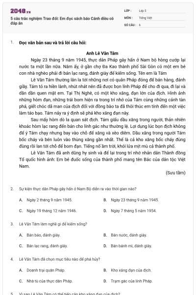 5 câu trắc nghiệm Trao đổi: Em đọc sách báo Cánh diều có đáp án