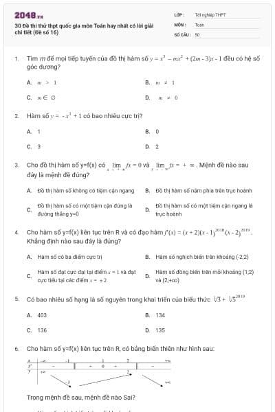 30 Đề thi thử thpt quốc gia môn Toán hay nhất có lời giải chi tiết (Đề số 16)