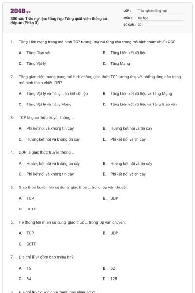300 câu Trắc nghiệm tổng hợp Tổng quát viễn thông có đáp án (Phần 3)