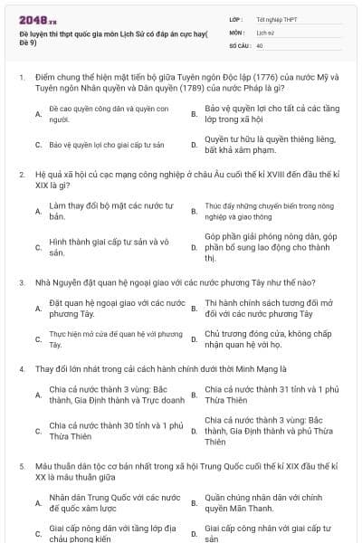 Đề luyện thi thpt quốc gia môn Lịch Sử có đáp án cực hay( Đề 9)
