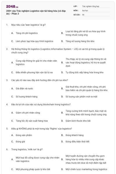 200+ câu Trắc nghiệm Logistics vận tải hàng hóa (có đáp án) - Phần 3