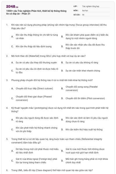 1000+ câu Trắc nghiệm Phân tích, thiết kế hệ thống thông tin có đáp án - Phần 31
