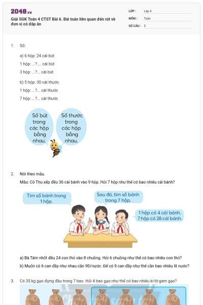 Giải SGK Toán 4 CTST Bài 6. Bài toán liên quan đến rút về đơn vị có đáp án