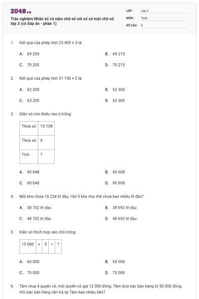 Trắc nghiệm Nhân số có năm chữ số với số có một chữ số lớp 3 (có đáp án - phần 1)