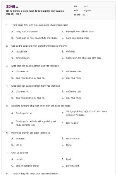 Đề thi Giữa kì 2 Công nghệ 12 Lâm nghiệp thủy sản (có đáp án) - Đề 4