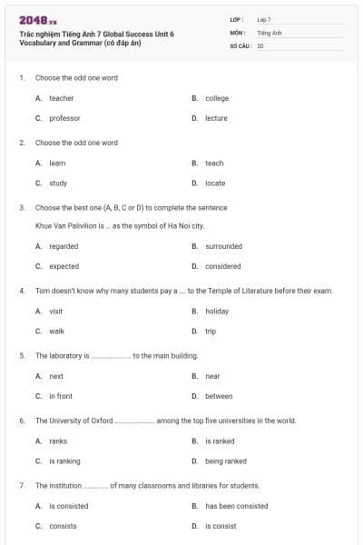 Trắc nghiệm Tiếng Anh 7 Global Success Unit 6 Vocabulary and Grammar (có đáp án)